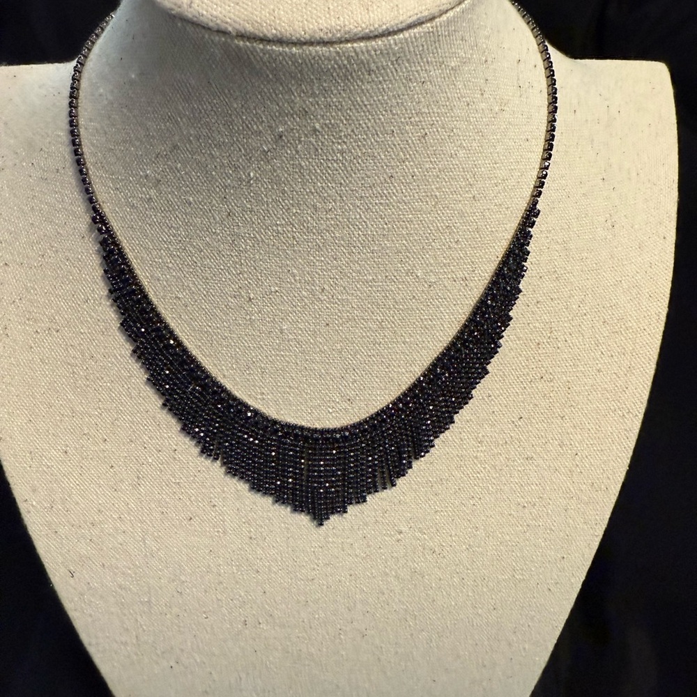 GOTHIC‎ GLAM BLACK ONYX RHINESTONE V Neck Cascade Necklace
